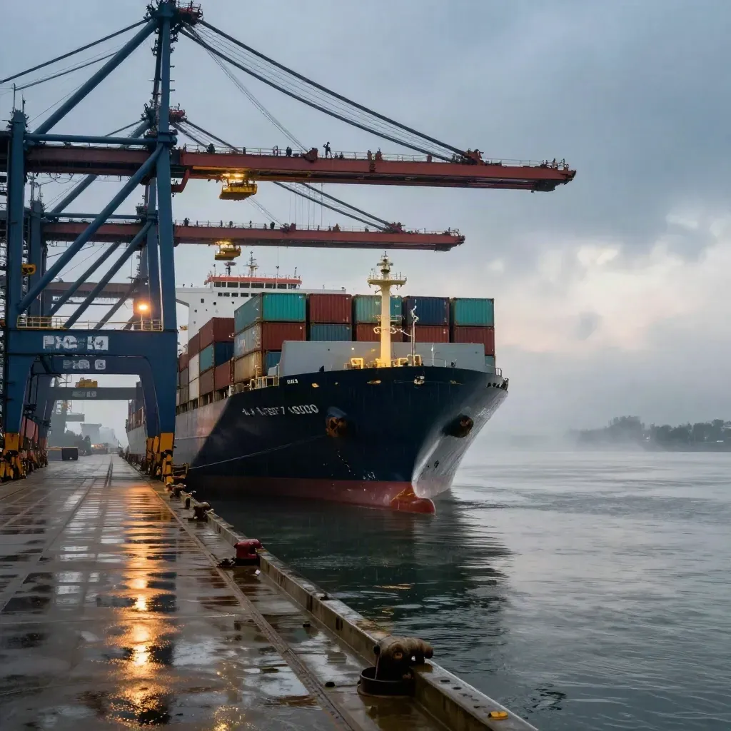 Container ship berthing under cranes at a misty wet port before sunrise.