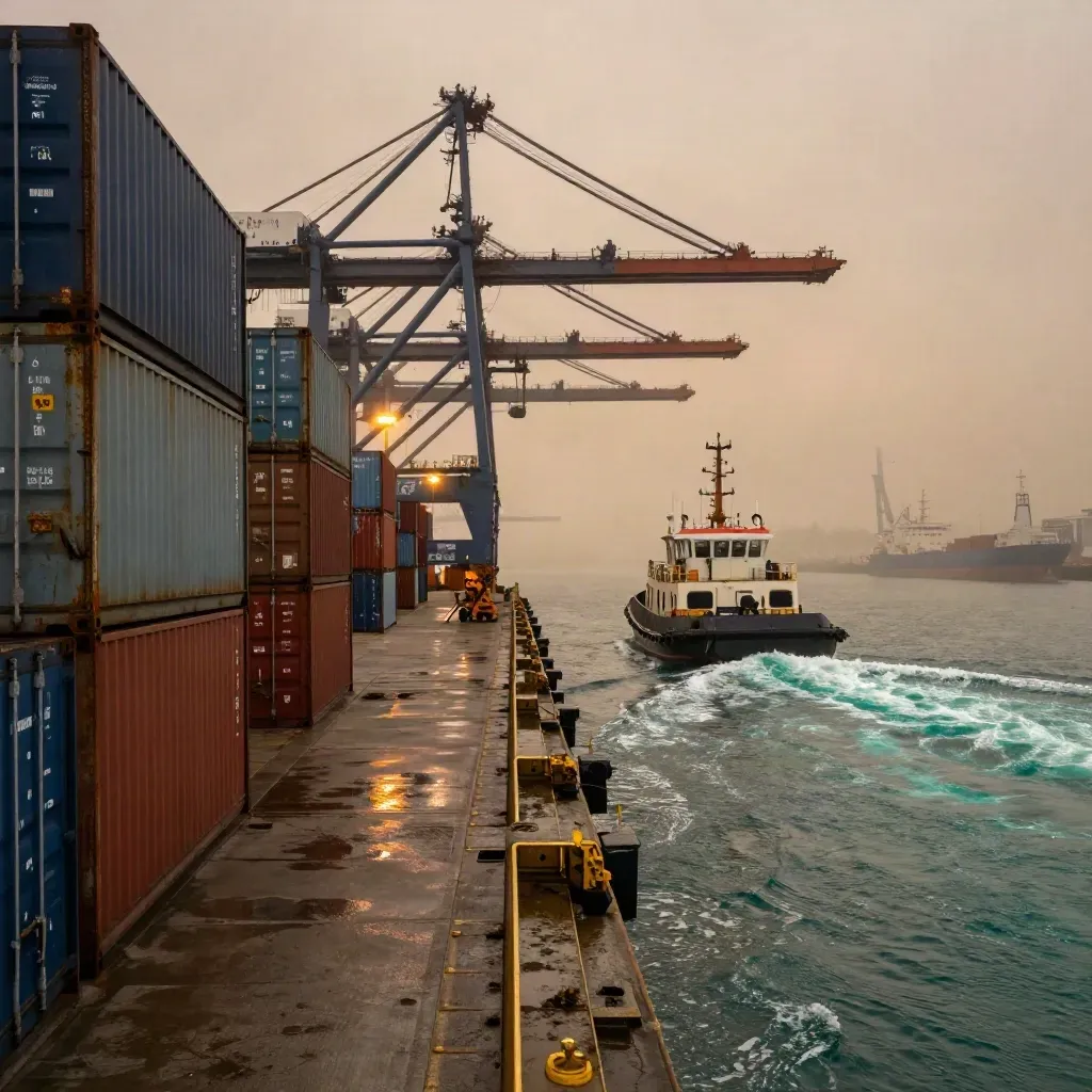Tugboat wake, container stacks, and a harbor crane crossing a misty port channel