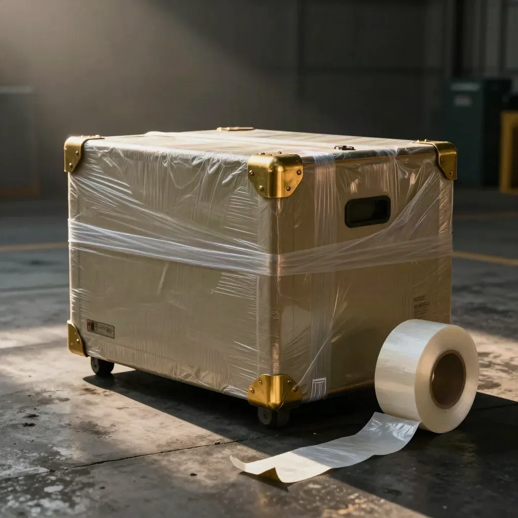 Wrapped cargo crate with insurance seal tag in a moody port staging bay.