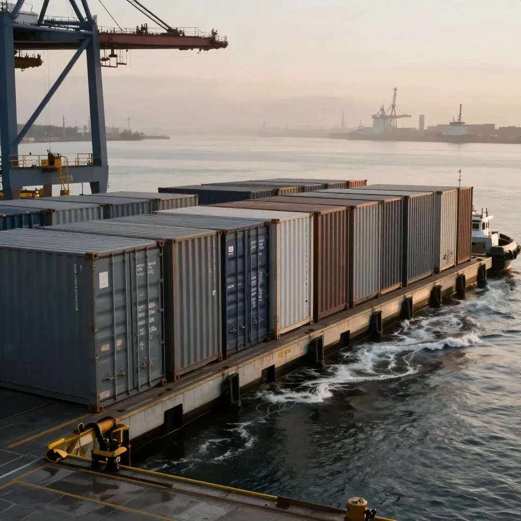 High wide port scene of twelve sealed containers aligned under a crane bridge with tug wake and sea mist.