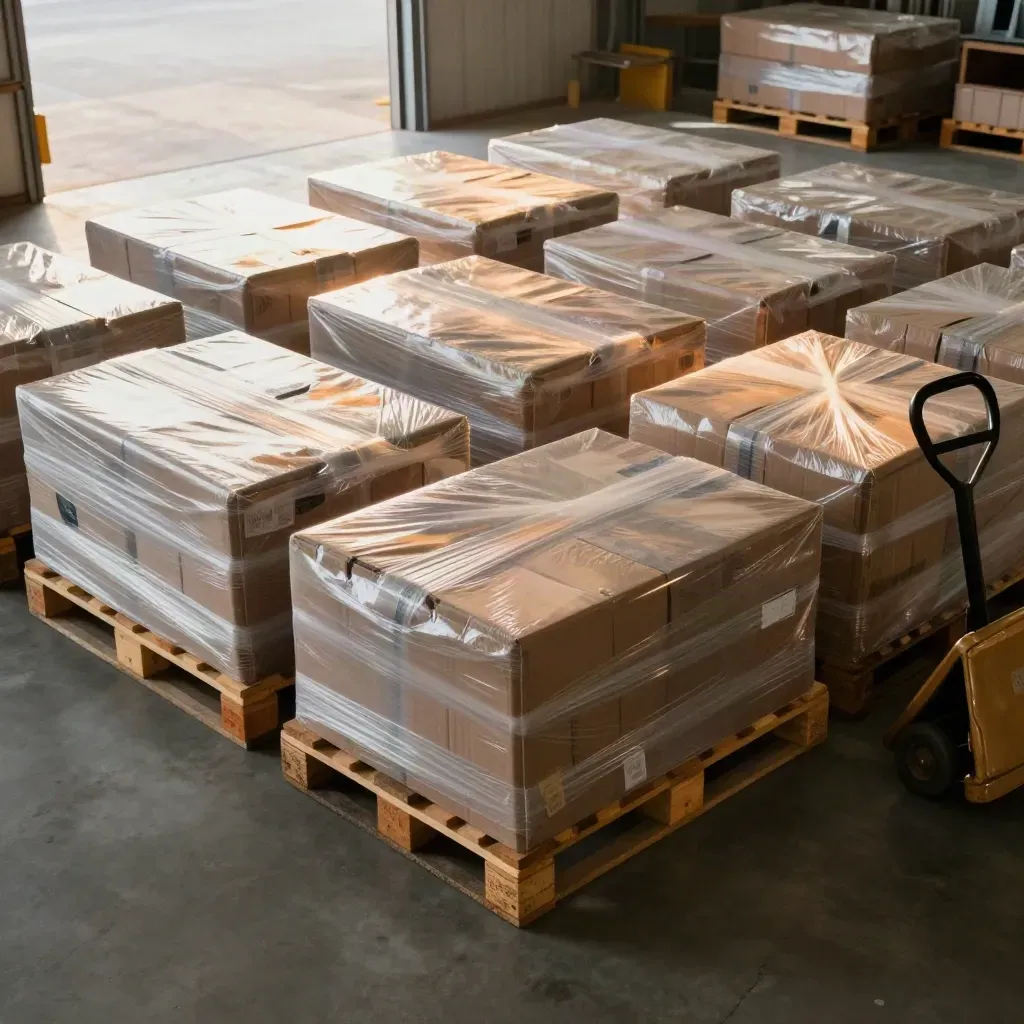 Warehouse bay with shrink-wrapped pallets in afternoon light by open dock doors.