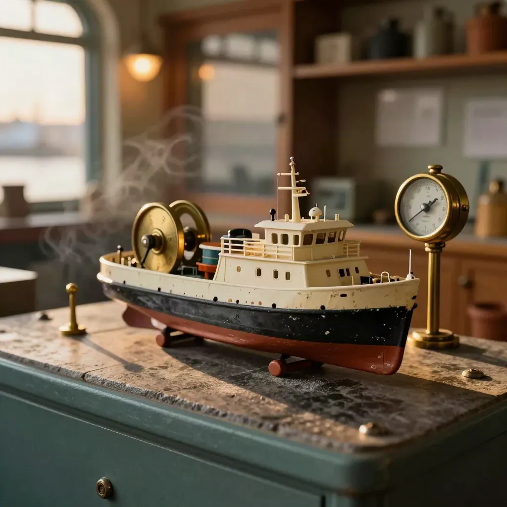 Feeder ship model with brass timing wheel and berth markers on dark stone in warm harbor light