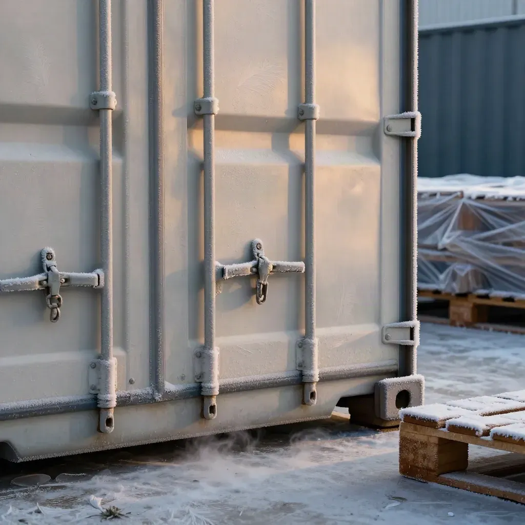Frosted reefer doors and chilled pallets in a cold depot bay with vapor and warm side light.