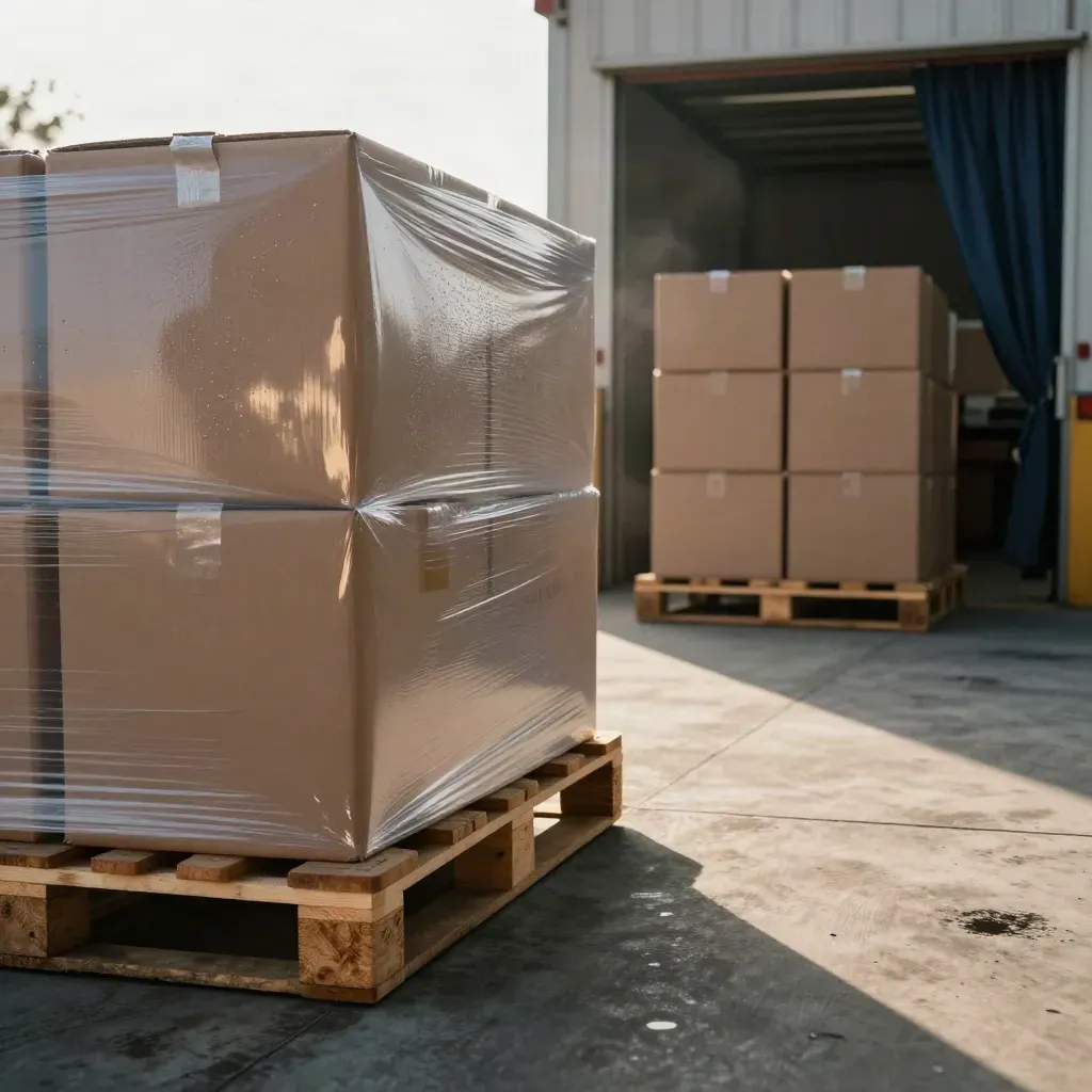 Retail cartons staged on pallets at a damp warehouse dock, wrap fluttering in soft light.