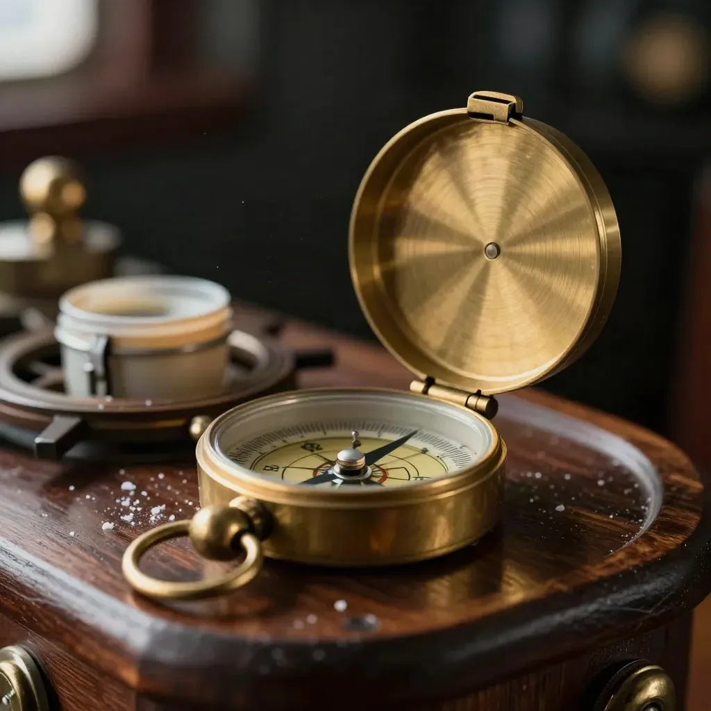 Brass ship compass, miniature container vessel, and tide wheel on dark teak with salt dust