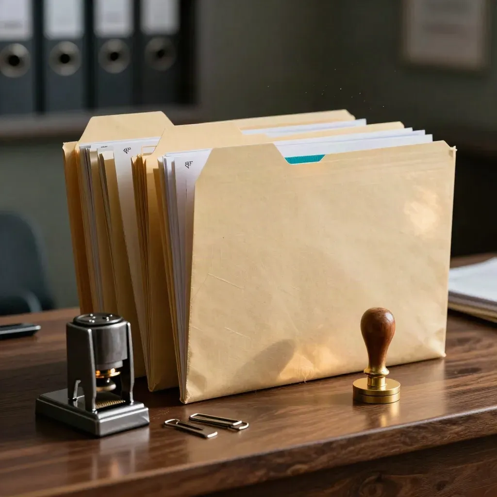 Customs folders, stamp block, filing clips, and wax seal on a walnut bench