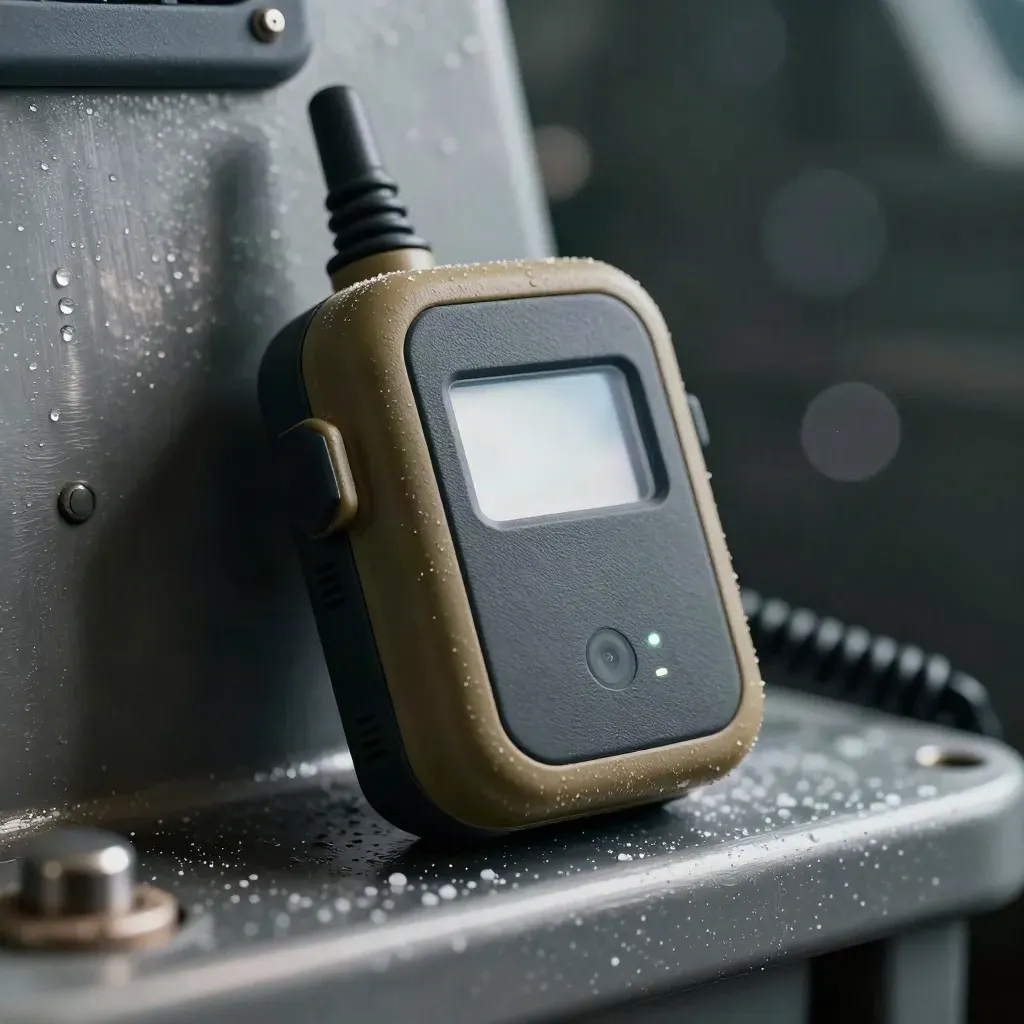 Satellite beacon puck and tracking hardware with misty indicator light on a wet cargo surface.
