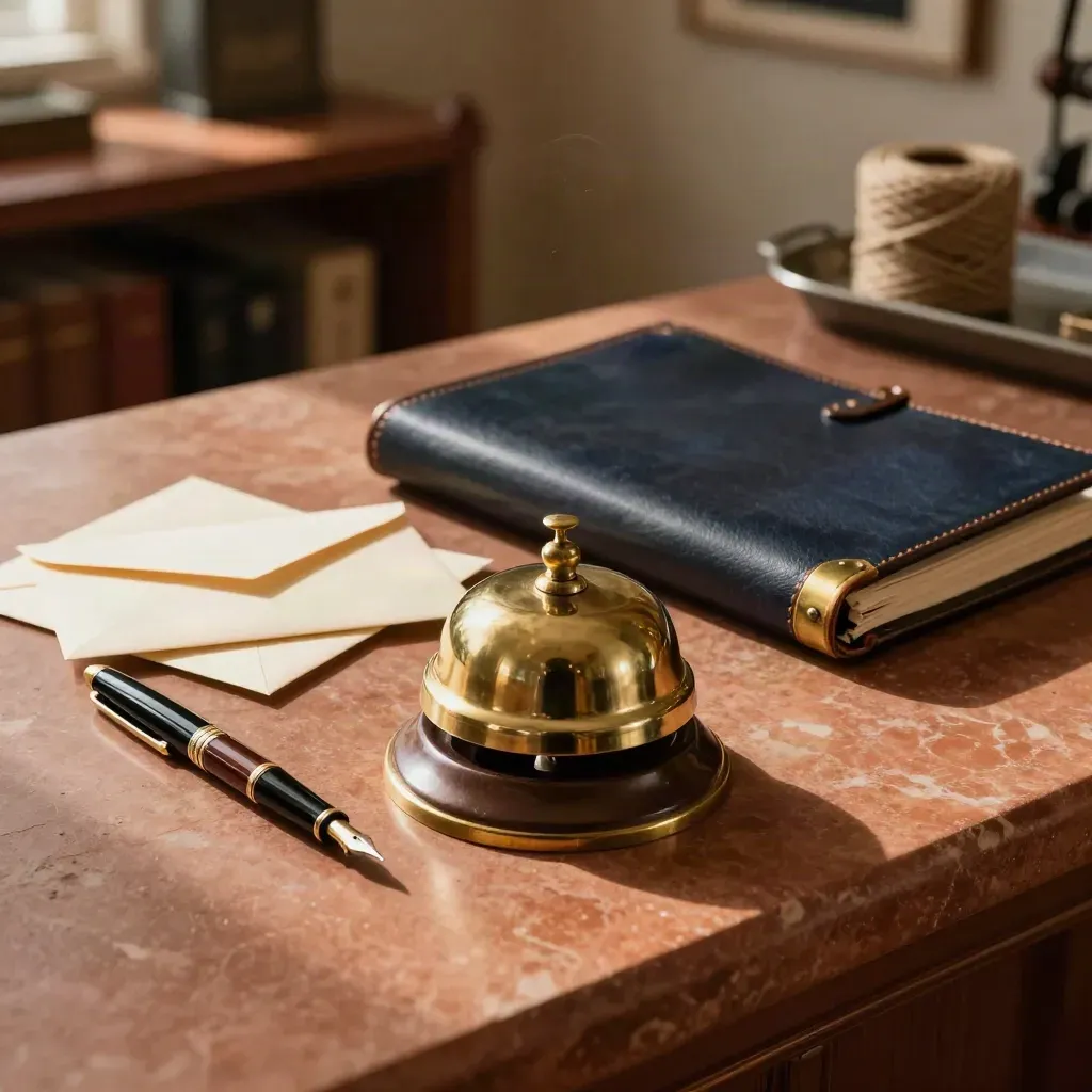 Brass desk bell, fountain pen, envelope and navy folio on a terracotta stone counter.