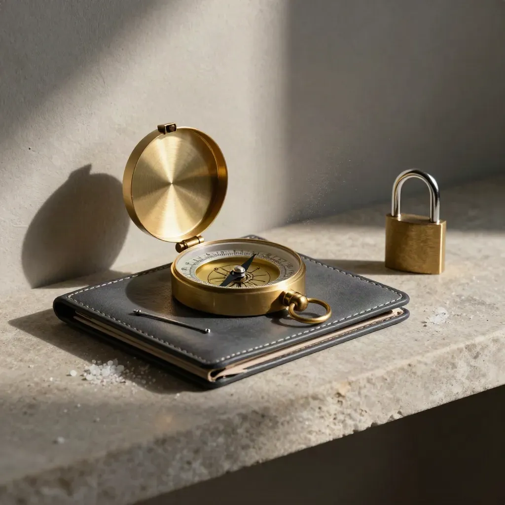 Brass compass, route pin, padlock and harbor wallet on a stone shelf in soft salt haze.