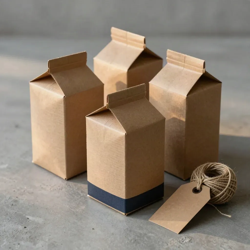 Three sealed cartons, a kraft tag and coiled twine on concrete in soft side light.