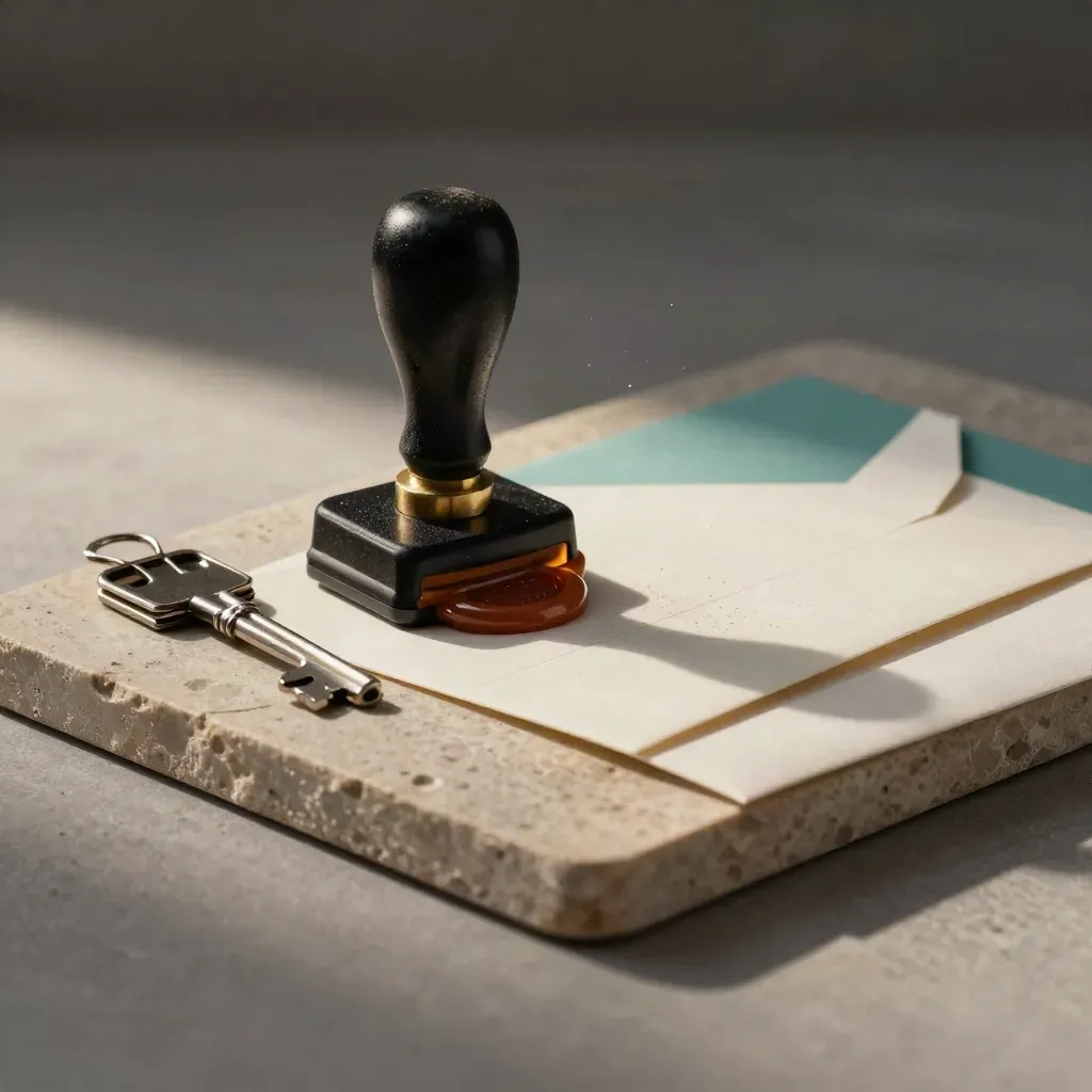 Stamp, wax seal, steel clip and closed customs envelope on a stone tray