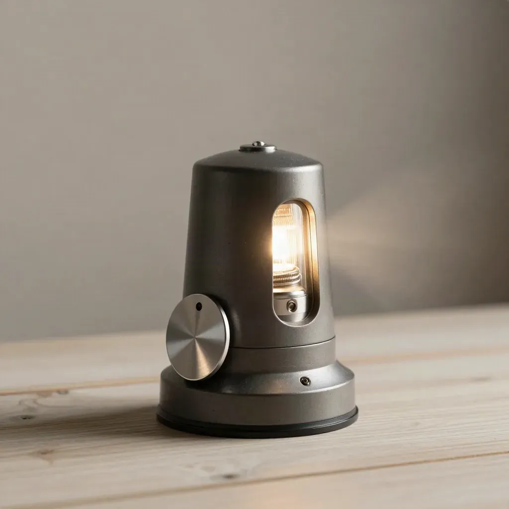 Satellite cargo beacon, antenna coil, port token and status lamp on pale wood with mist.