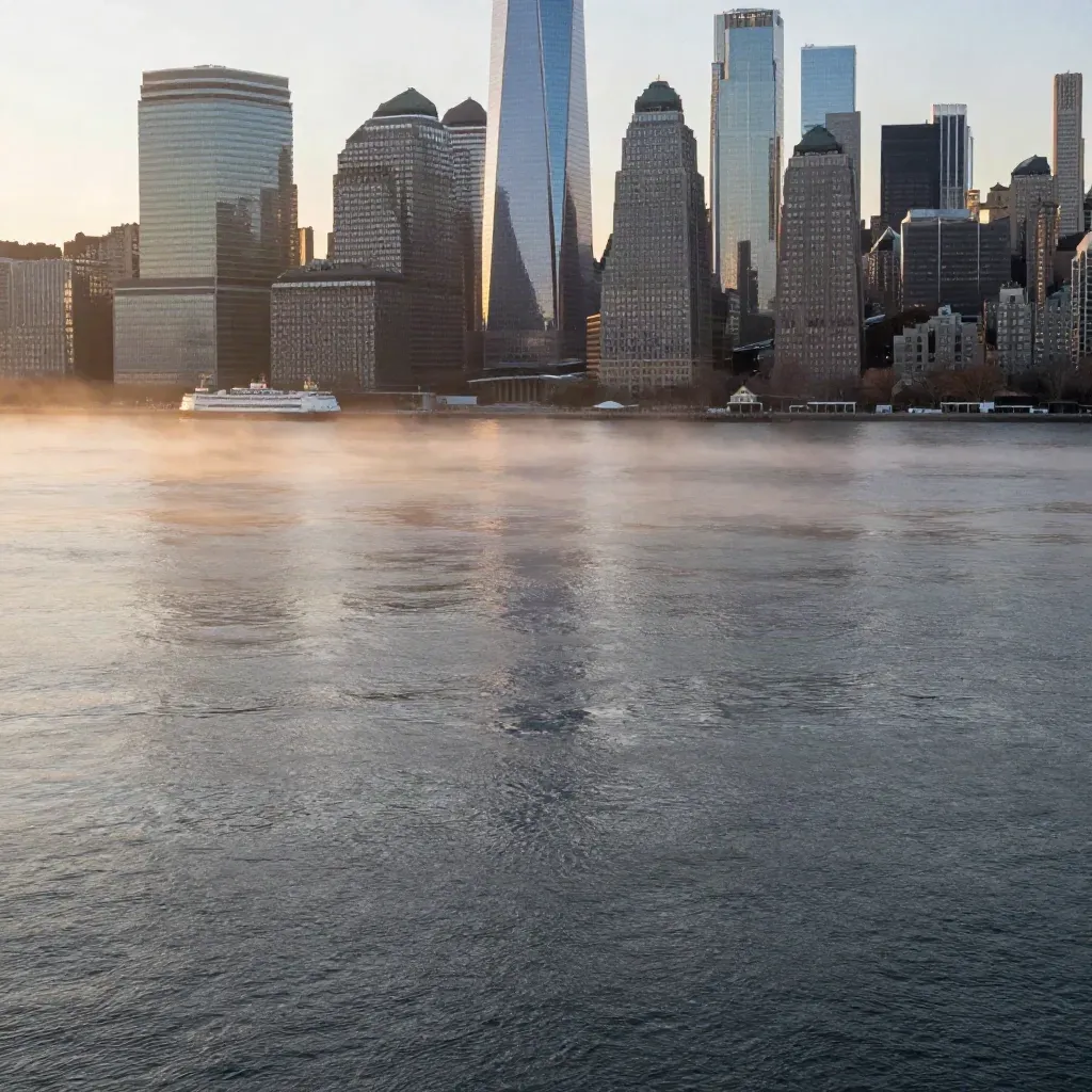 Manhattan Harbor skyline at golden hour above calm foggy water and a ferry slip.