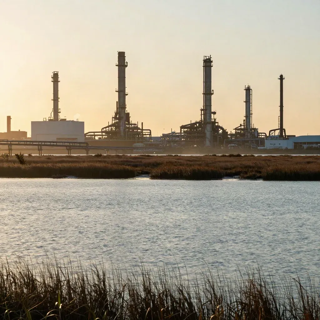 Houston ship channel at dusk, refinery stacks over calm marsh water and haze