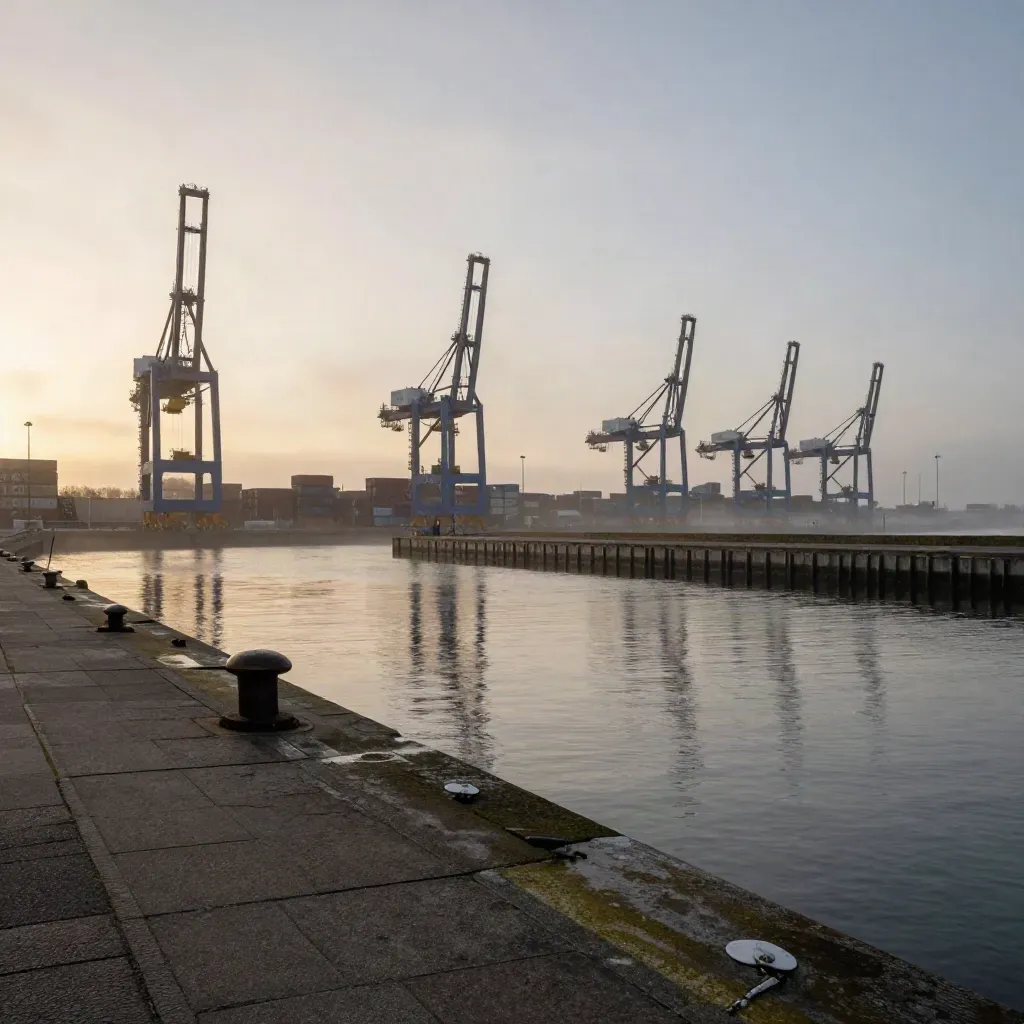 Rotterdam harbor at sunset with cranes, mist, calm water, and open copy space