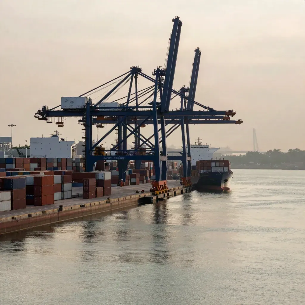 Singapore port skyline in tropical haze over calm water at sunset