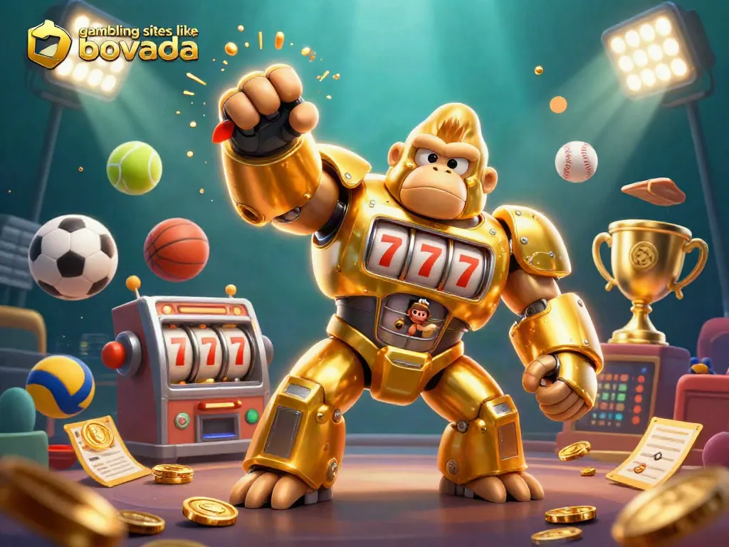 Engage with the excitement of gambling sites like Bovada featuring a dynamic golden gorilla mech and sports elements.