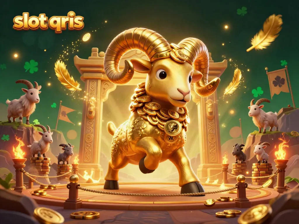 Experience the excitement of slot qris gameplay with a golden ram charging through a stunning casino scene.