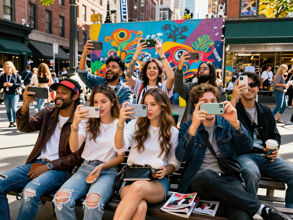 Friends comparing their looks with celebrities look alike in vibrant urban scene.