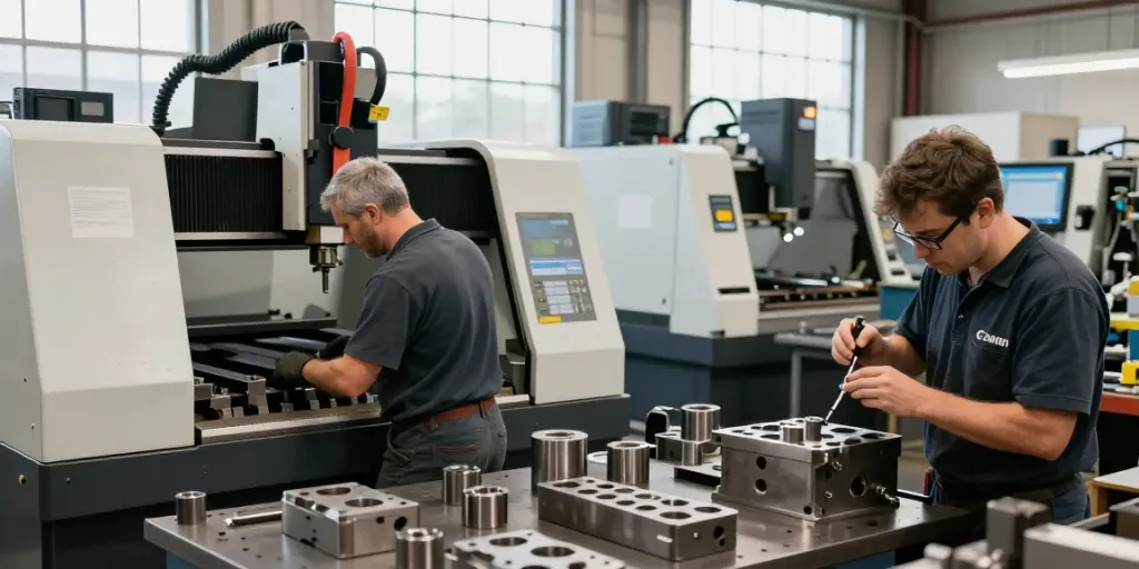 A bustling machine shop in Houston with skilled machinists operating CNC equipment and inspecting metal components for quality.