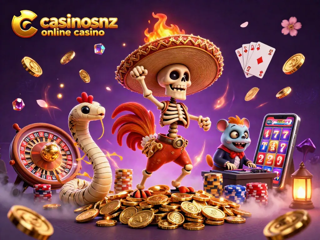 Experience the excitement of casinosnz online casino with vibrant characters, golden coins, and lively gaming elements.