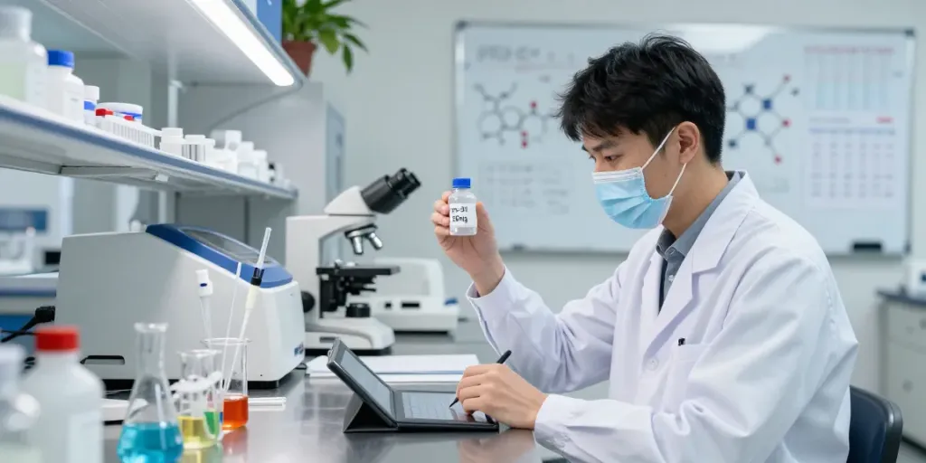 Scientist in laboratory analyzing ss-31 50mg peptide vial with advanced equipment.