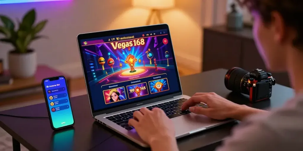 Pengguna terlibat dengan platform vegas168 di laptop, menampilkan grafik permainan yang menarik di layar.