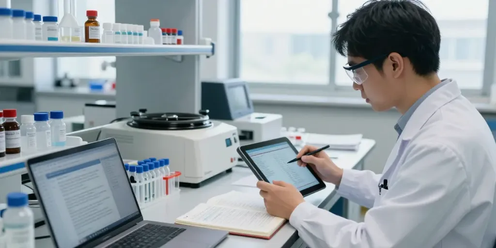 Scientist reviewing Thymosin Alpha-1 for sale in a modern laboratory setting.