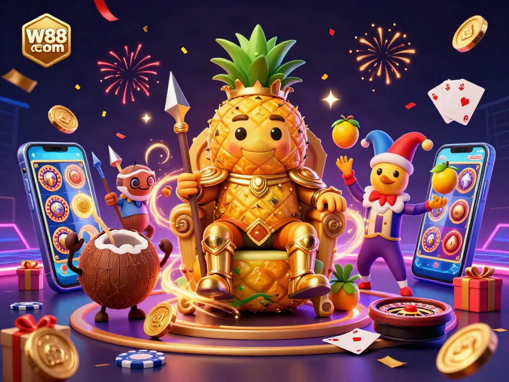 Engage with thrilling casino action at W88 com featuring a vibrant 3D scene with a golden pineapple king and dynamic gaming elements.