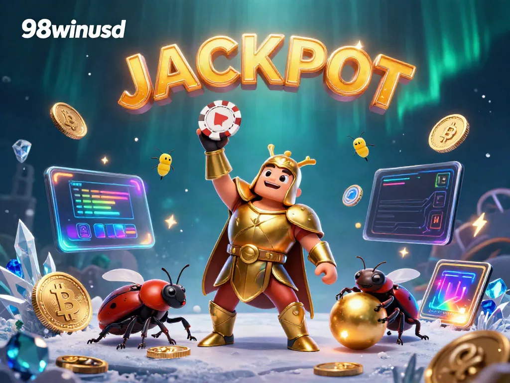 Celebrate winning at 98winusd with a victorious beetle and dynamic casino elements!