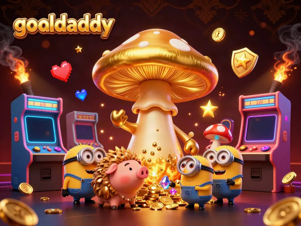 Experience thrilling gaming moments with goaldaddy featuring a golden mushroom wizard and treasure elements in an interactive arcade.