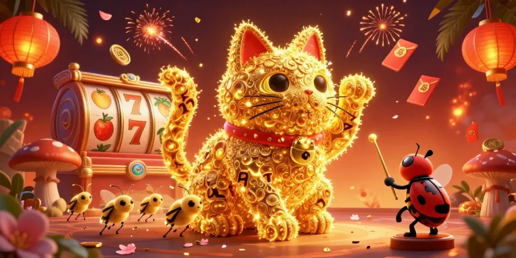 Engage with MANCLUB's lucky gaming experience featuring a golden cat and vibrant casino symbols.