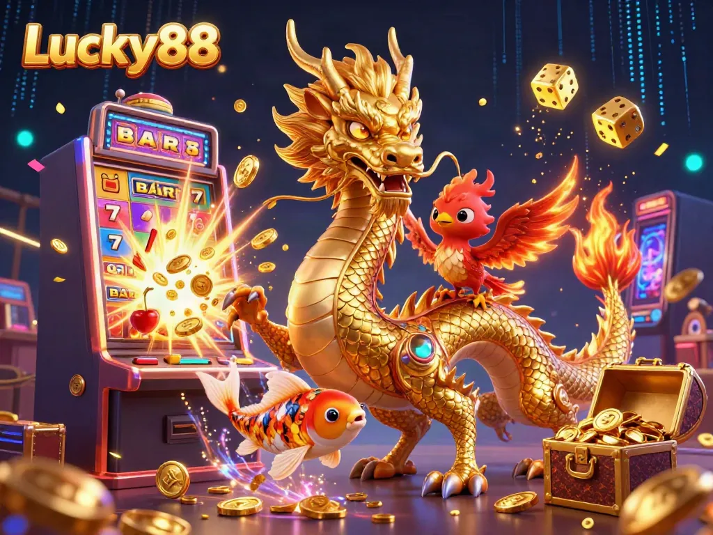 Experience the excitement of Lucky88 with a vibrant 3D dragon and casino elements.