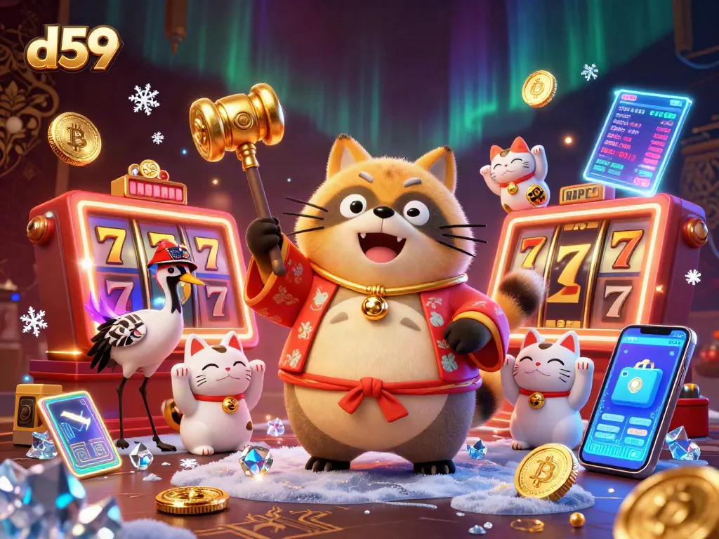 Spin the reels with d59 for a winning casino experience, featuring cheerful characters and crypto elements.