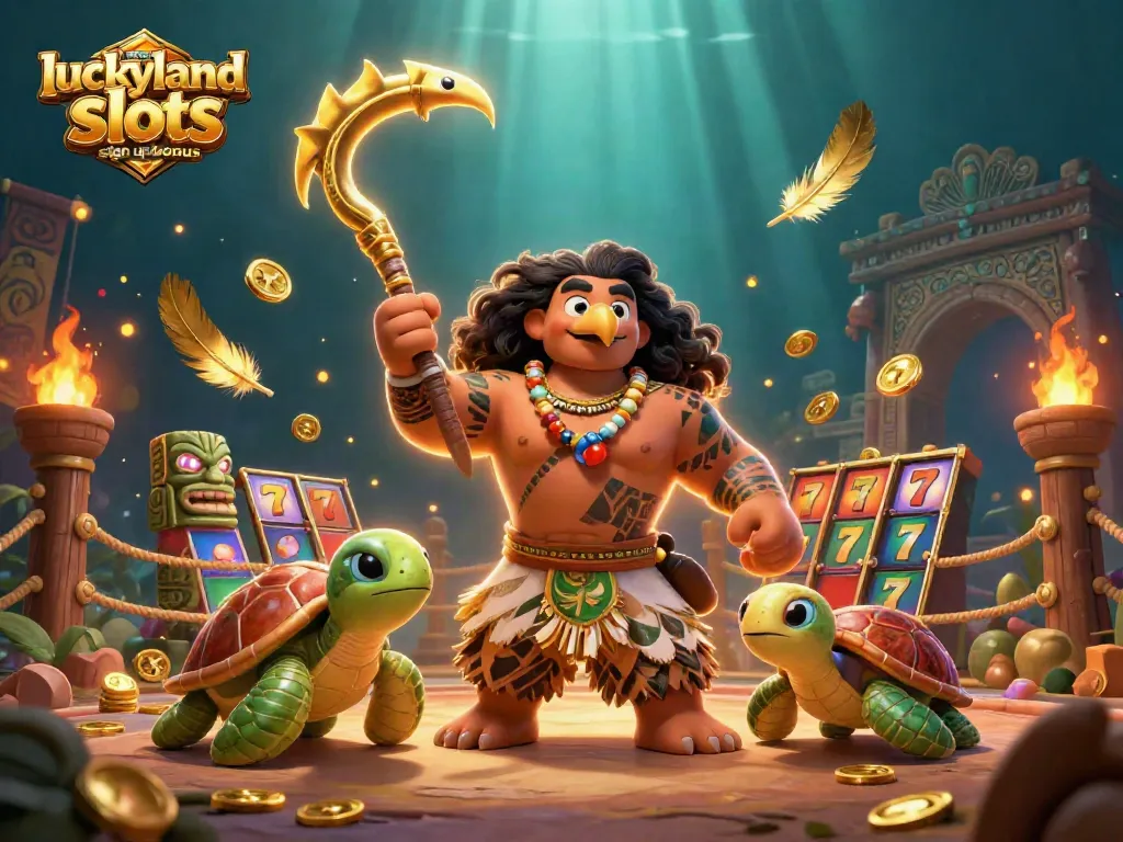 spin and win with the luckyland slots sign up bonus, a vibrant 3D illustration showcasing characters and game elements