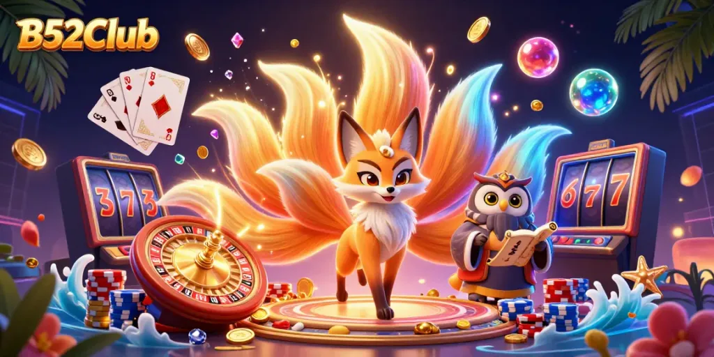 B52Club features a nine-tailed fox spirit, glowing orbs, and dynamic casino elements showcasing gaming excitement.