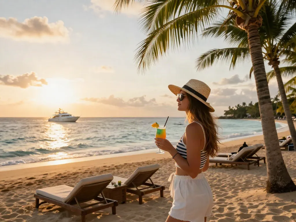 Carmen's Luxury Travel at a beautiful beach resort during sunset, showcasing a traveler enjoying a cocktail.