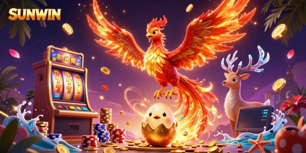Experience thrilling gameplay with SUNWIN: a phoenix and stag surrounded by vibrant casino elements!