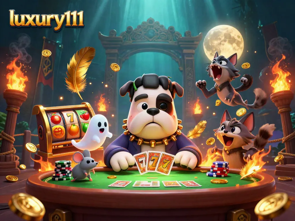 Experience thrilling card games with luxury111 featuring a Frankenstein bulldog dealer at a spooky casino.