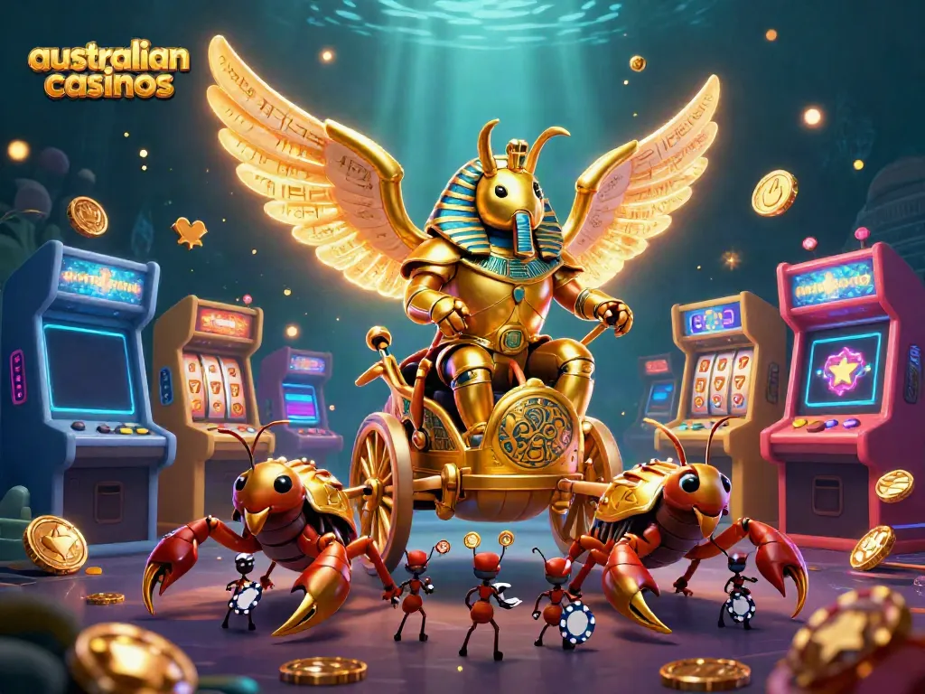 Experience the thrill of playing at australian casinos with animated slot reels and vibrant poker scenes.