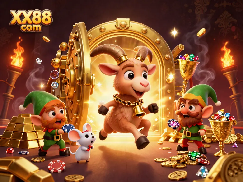 Experience thrilling gaming at XX88 com with Krampus and mischievous gremlins in a festive casino scene.