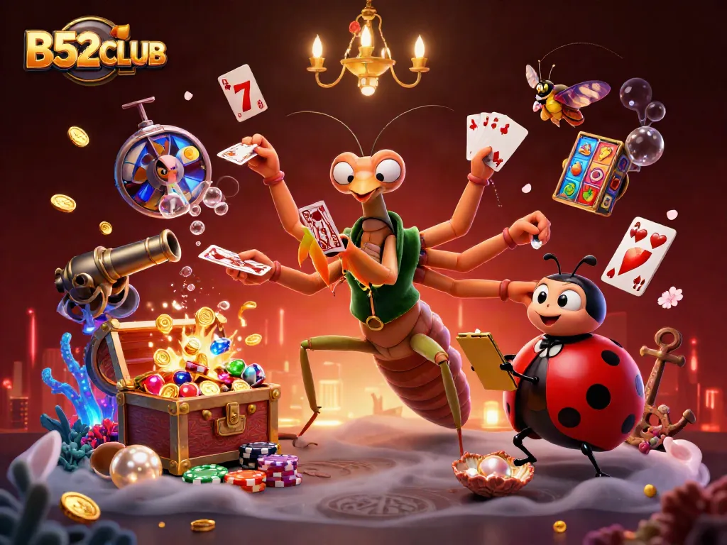 B52CLUB presents an exciting scene with a giant mantis card sharp, ladybug pit boss, and dynamic casino elements.