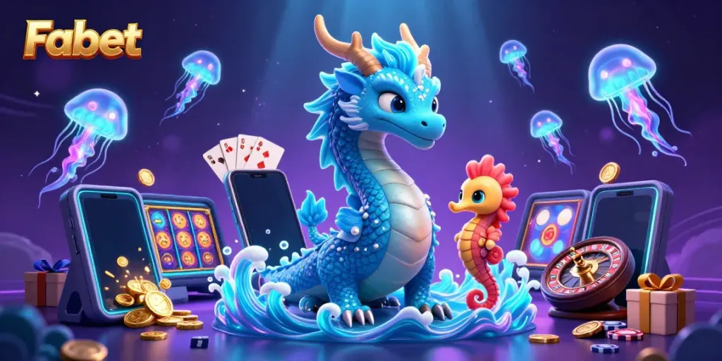 Experience the vibrant world of Fabet casino with a dragon, seahorse knight, and neon jellyfish amidst thrilling gaming elements.