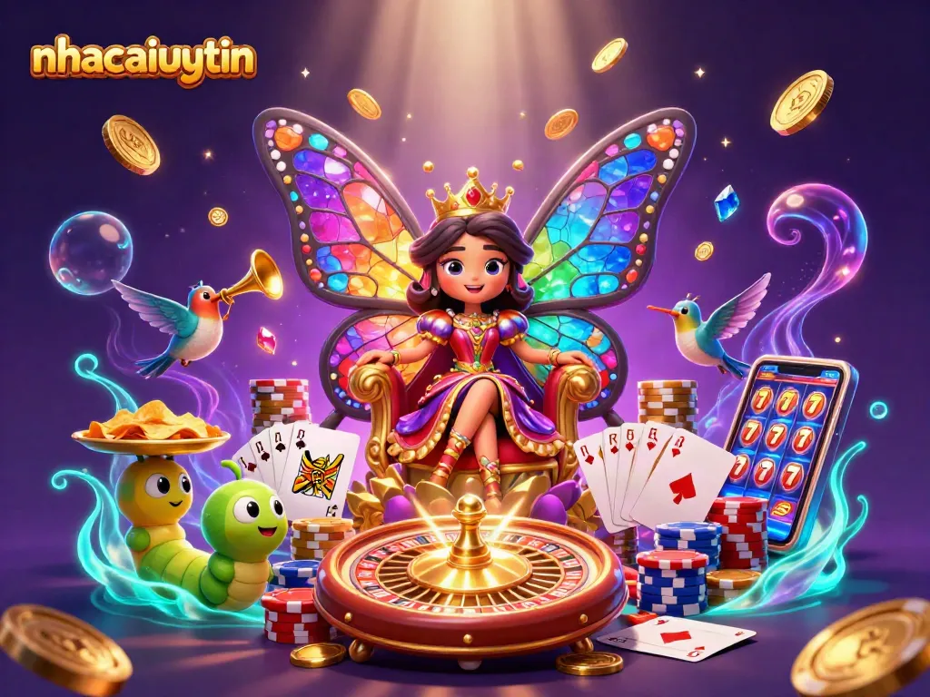 Experience thrilling casino action with nhacaiuytin's vibrant butterfly queen surrounded by riches.