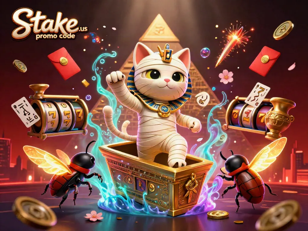 Engage players with stake.us promo code for epic rewards in a thrilling pyramid casino scene.