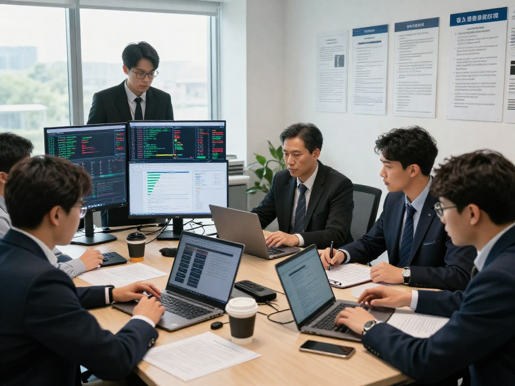 먹튀폴리스 관련 데이터 분석을 위한 협업 환경의 현대 사무실 장면