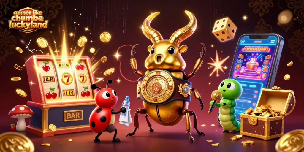 Experience games like chumba and luckyland with golden beetles and jackpot explosions in this dynamic casino scene.