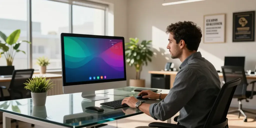 Michael Rustom consulting in a modern office, showcasing technology solutions and teamwork.