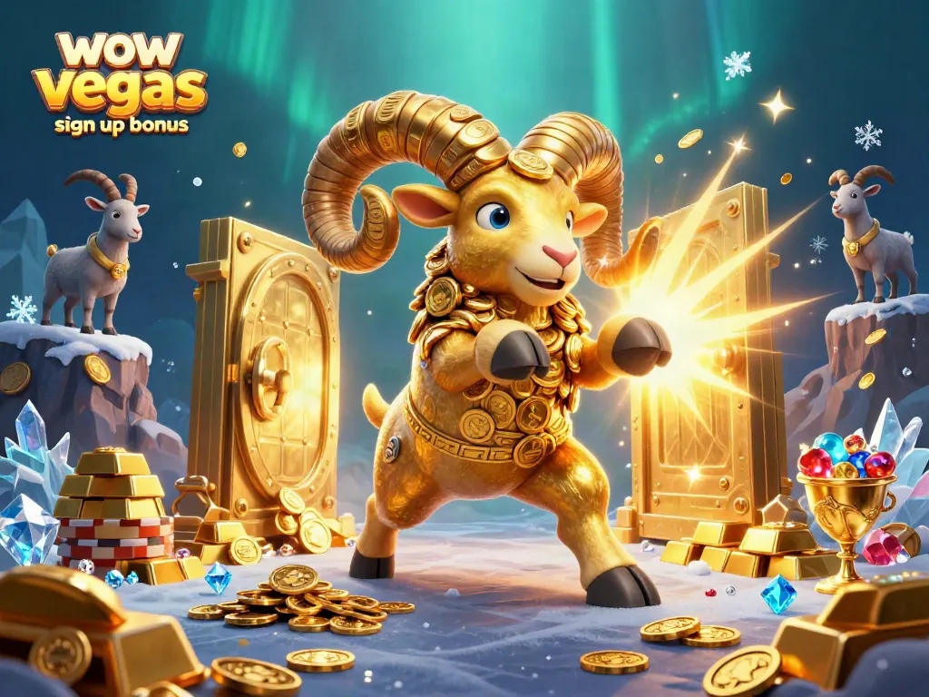 Win big with the WOW Vegas sign up bonus featuring 3D golden ram at a treasure vault.
