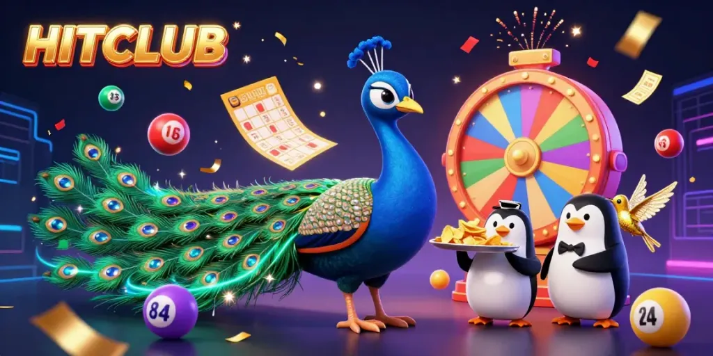 Experience excitement with HITCLUB's festive gaming scene featuring vibrant lottery elements and dynamic characters.
